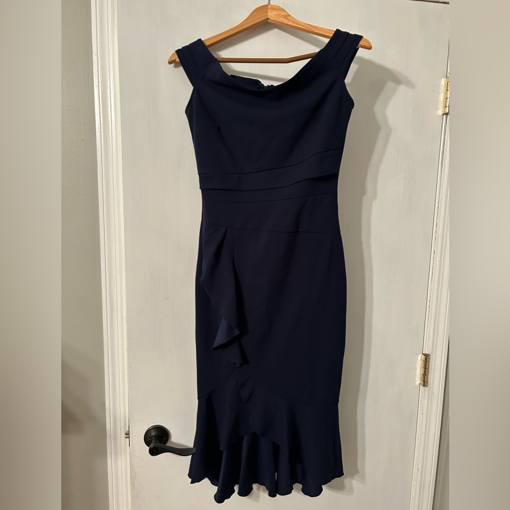 Knitee Women's Off Shoulder V-Neck Ruffle bodycon dress navy